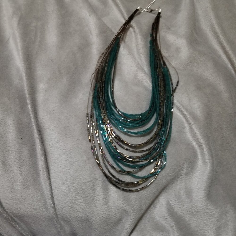 Multistrand beaded necklace blue and brown